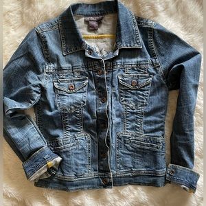 Woman’s 98% organic denim jacket with embroidered design on back, size L